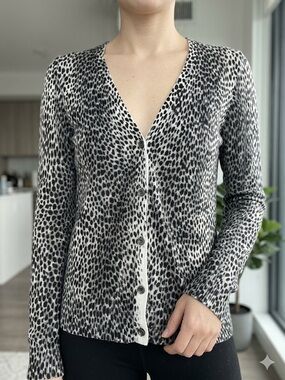 New York & Company Black and White Leopard-Print V-Neck Cardigan